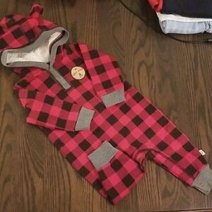 NTD Red and Black Plaid Baby Onesie with Cozy Hood. Size 6mth